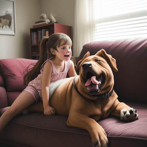 AI generated: High resolution photography of a girl playing with her big dog on the very dirty living room sofa. T...