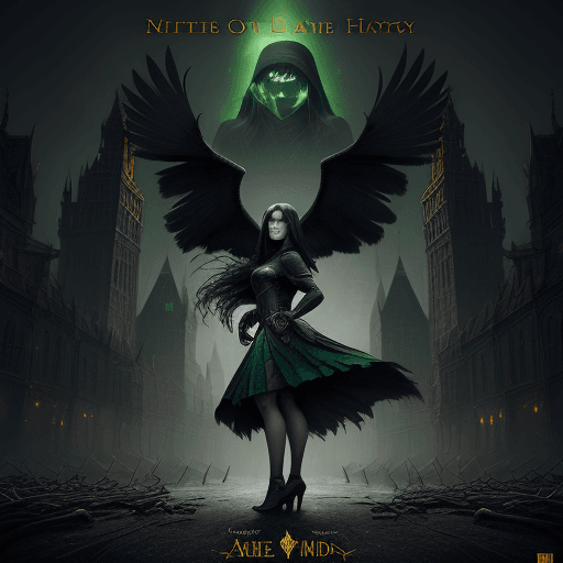 AI generated: A horror fantasy of a young lady standing in front of a city with a raven, in the style of dark bron...