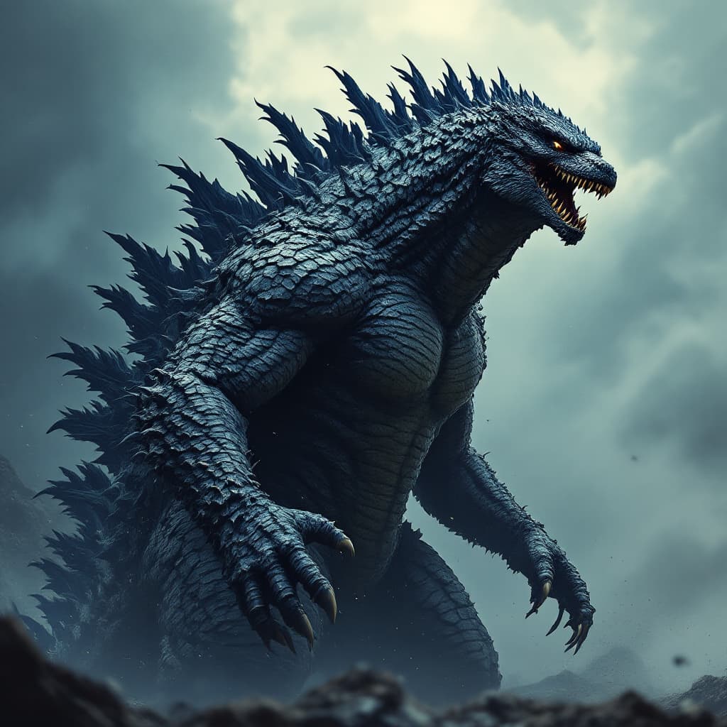 AI generated: very fit and athletic godzilla 
