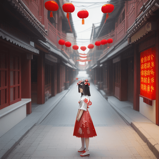 AI generated: girl stands in a red flower surrounded street,  ,in the style of chinese cultural themes, romantic a...