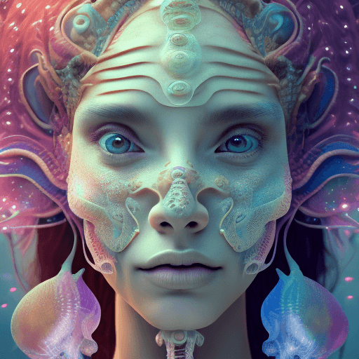 AI generated: Goddess close-up portrait ribcagel. jellyfish phoenix head, nautilus, orchid, skull, betta fish, bio...