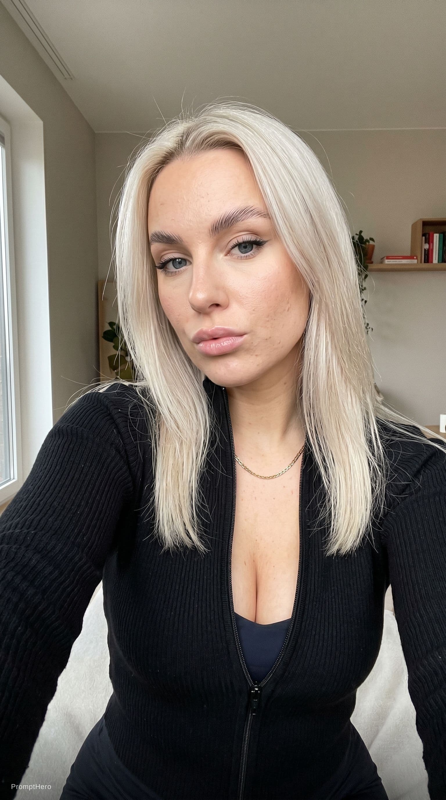 AI generated: Candid iPhone front camera selfie of a young adult European-looking woman indoors.
Arm’s-length self...