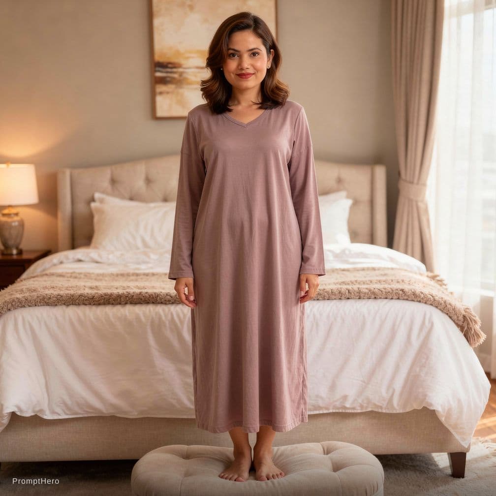AI generated: Change her dress to sleeping dress and stand on bed no hijab