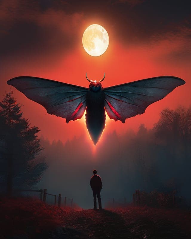 AI generated: full body shot, (Mothman:1. 1), moth wings, glowing red eyes, back lit, foggy, moon light , horror, ...