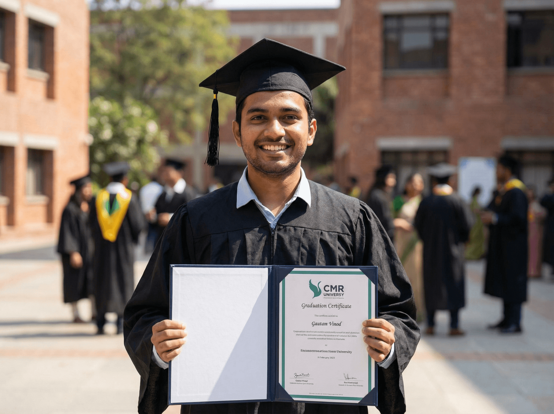AI generated: Create your Graduation image using a Prompt Cmr logo should be Visible ,graduation attritre ,graduat...