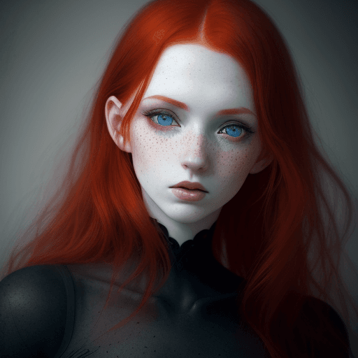 AI generated: Red hair, blue eyes, freckles, pale skin, beautiful charismatic girl, interesting shapes, full body,...