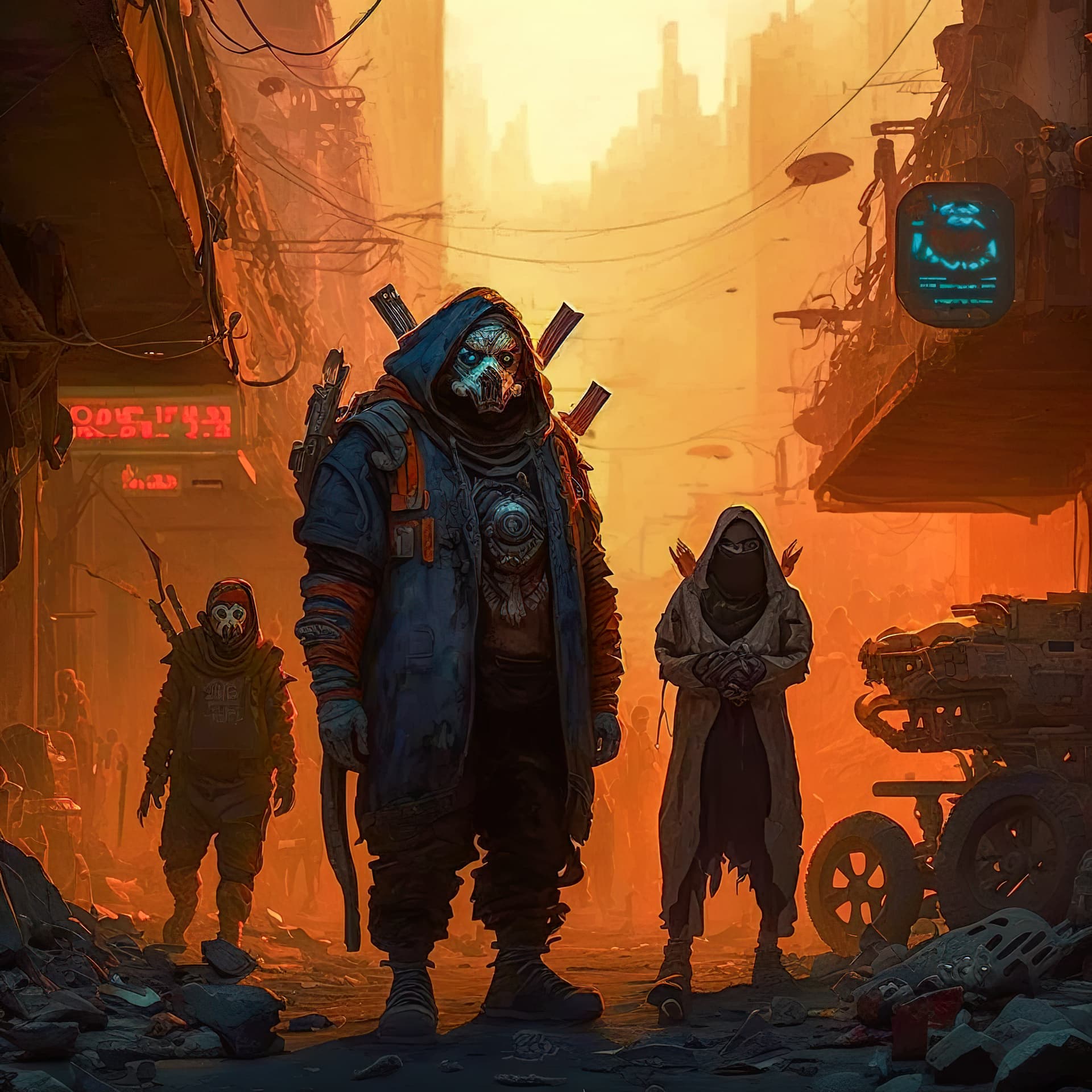 AI generated: an evil gang named Wasteland Warriors, future world, dump, garbage, junk, volumetric lighting, cinem...