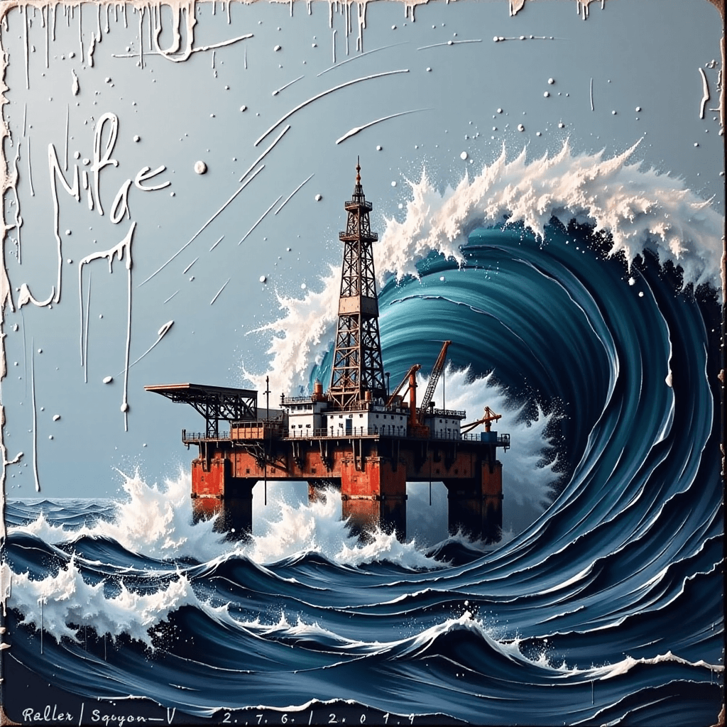 AI generated: A textural, digital impasto painting of a North Sea oil rig being battered by a colossal, stormy wav...