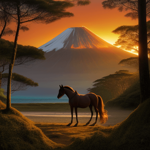 AI generated: horse in forest, near beach and volcano, sunrise