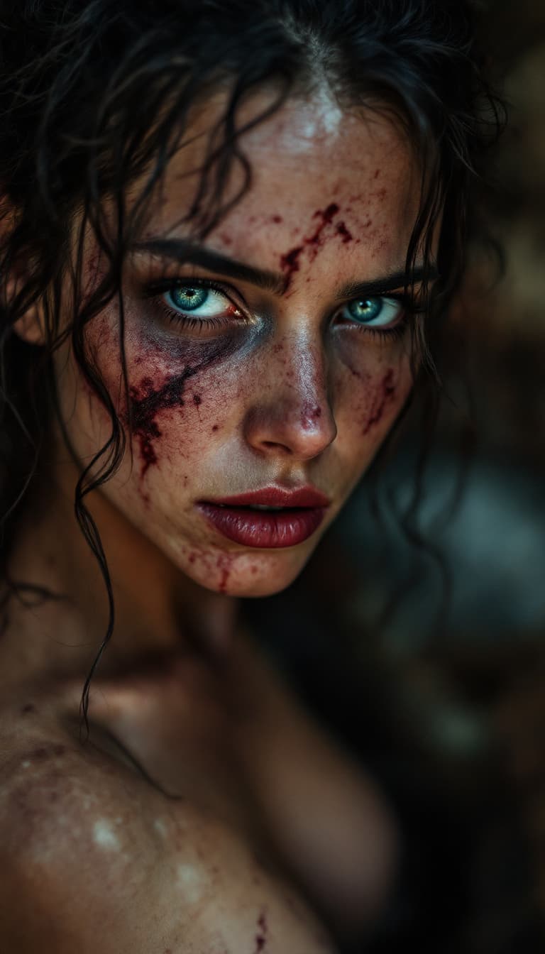 AI generated: high-resolution photograph, woman, ugly scar in the face, exposed body,  dramatic scene of old war, ...