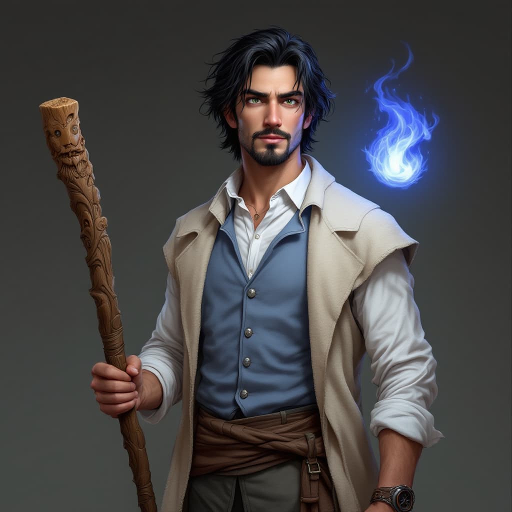AI generated: A lean man in his mid-20's. He has Black hair, green eyes and a goatee. He is wearing a white shirt,...