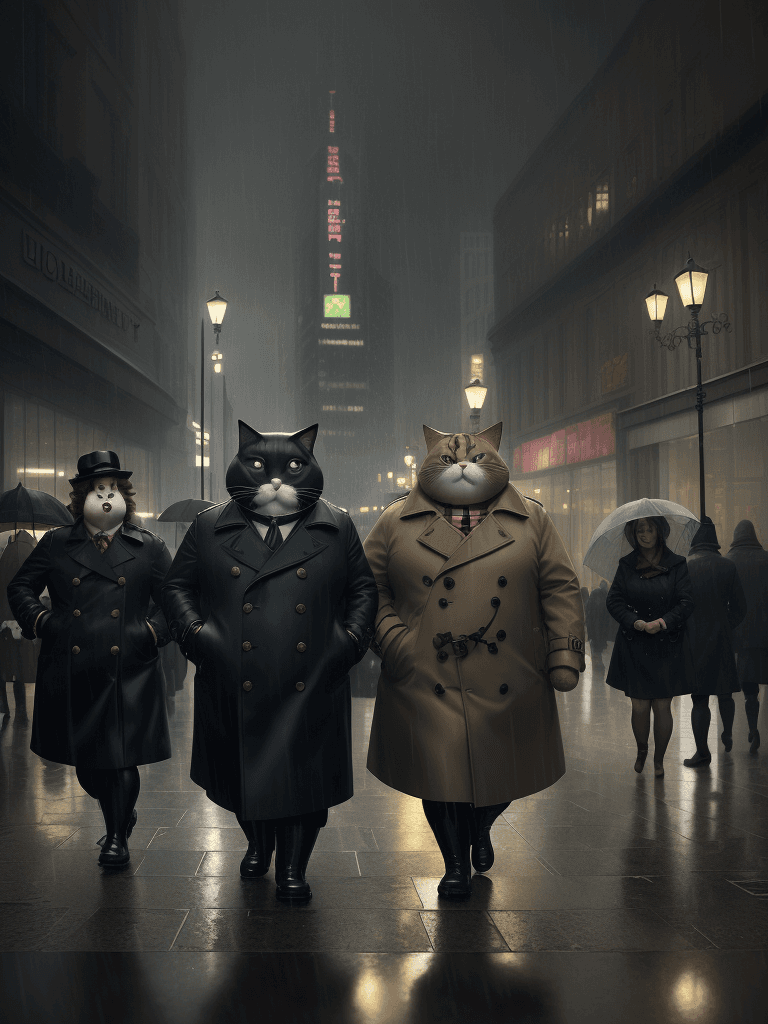AI generated: A very fat cat, clad in a classic Burberry coat and rain boots, walking on the mart, lighting ray-tr...