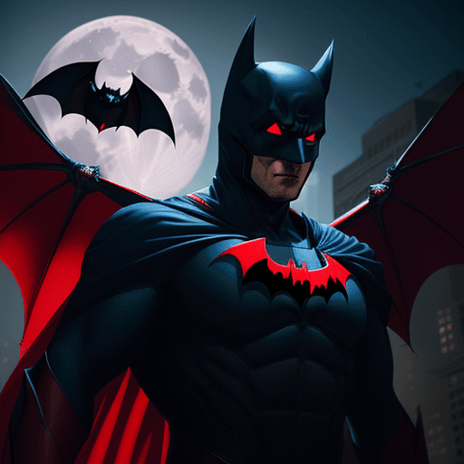 AI generated: a vampire in a red and blue V shape superhero suit with a SCARLET batman mask flying towards the scr...