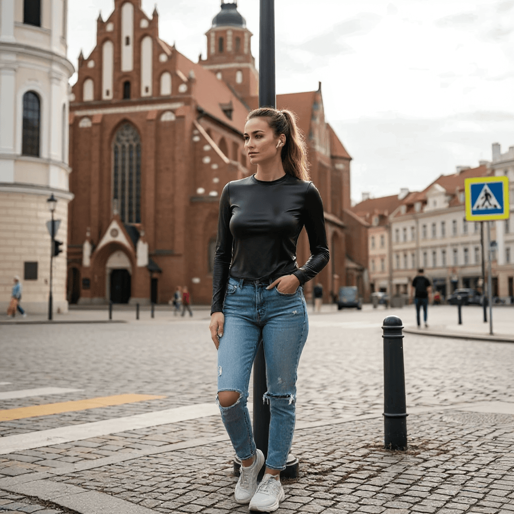 AI generated: A young woman with dark blond hair is up in ponytail. stands confidently on a seaside balcony during...