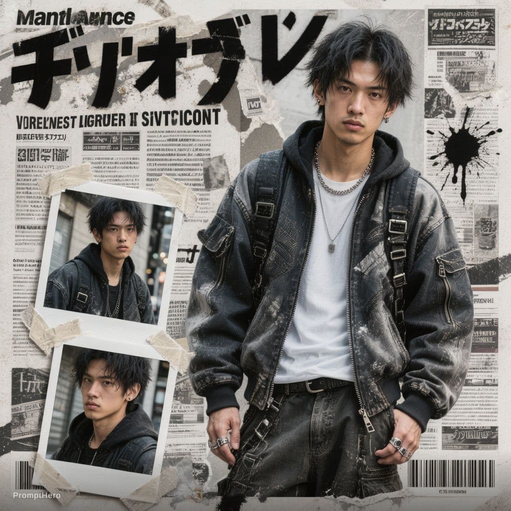 AI generated: Buat poster kolase editorial streetwear Jepang bergaya Y2K yang bold dengan estetika majalah fashion...