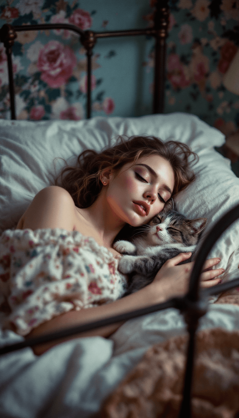 AI generated: a closeup photo of a bohemian woman with rosy skin and a cat, they are cuddled up and sleeping in a ...