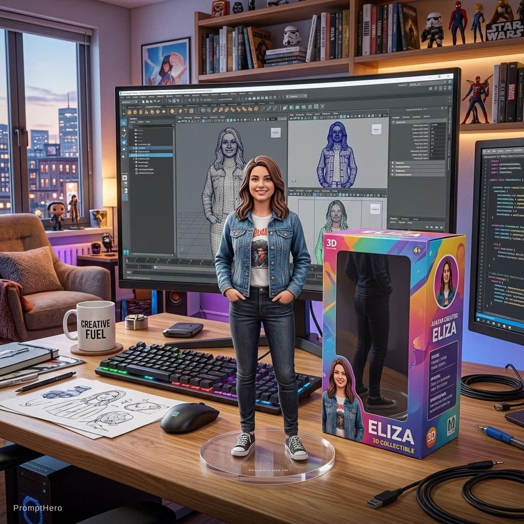 AI generated: Transforming the photographed person into a realistic 3D figurine in front of a computer desk. The c...
