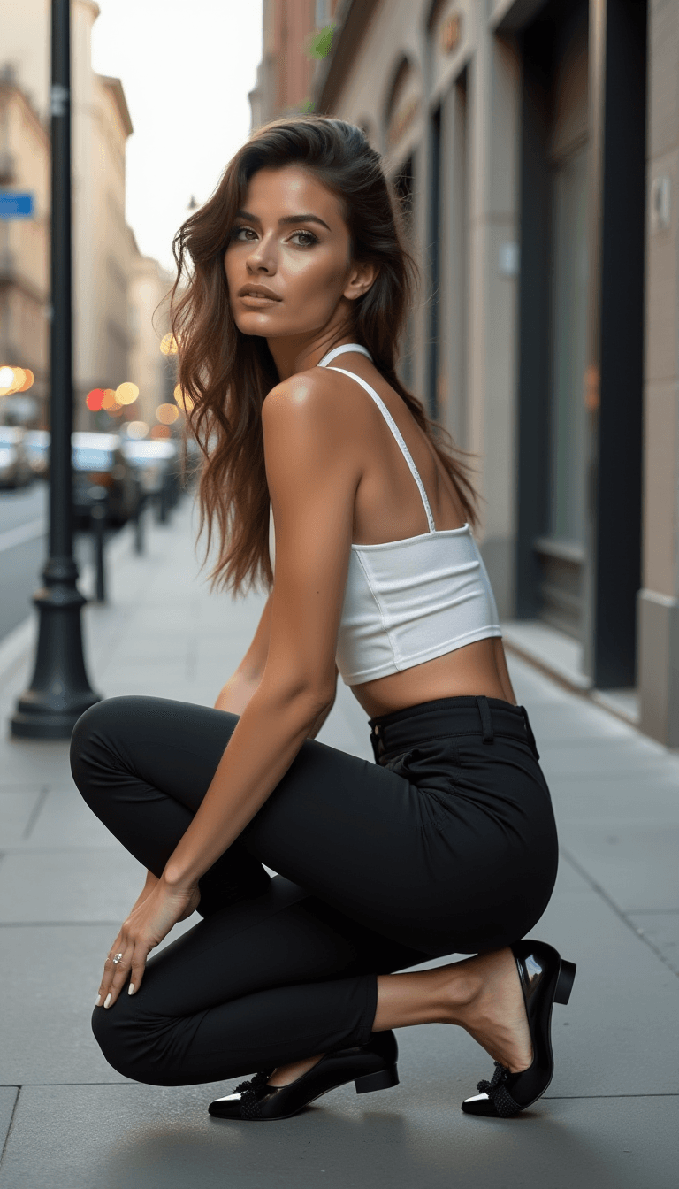 AI generated: A woman with long wavy brown hair, wearing a white cropped tank top and high-waisted black pants, sq...