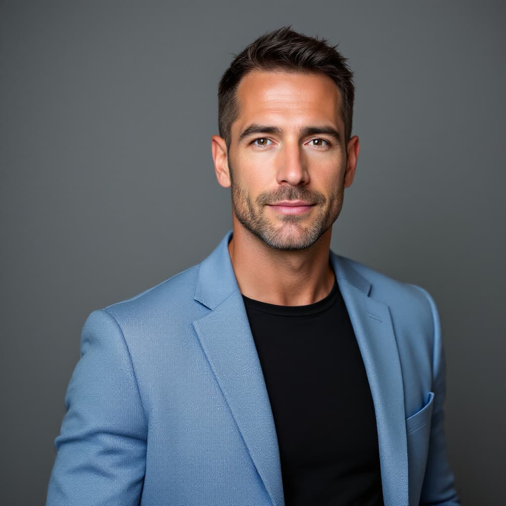 AI generated: Crisp studio portrait of a 42-year-old white American man, short dark brown hair, no facial hair, we...