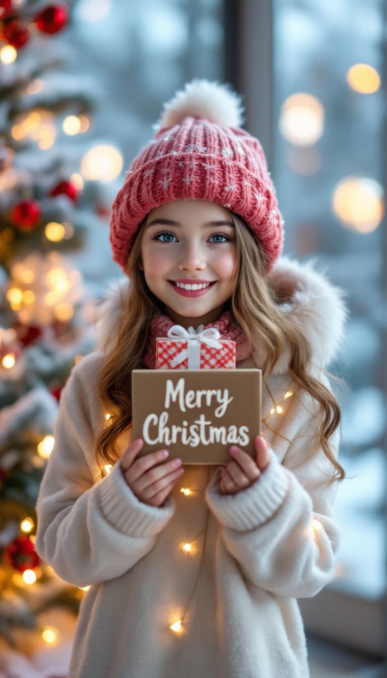 AI generated: very beautiful girl,christmas scene,"merry christmas" on a little sign,present,christmas look,full b...