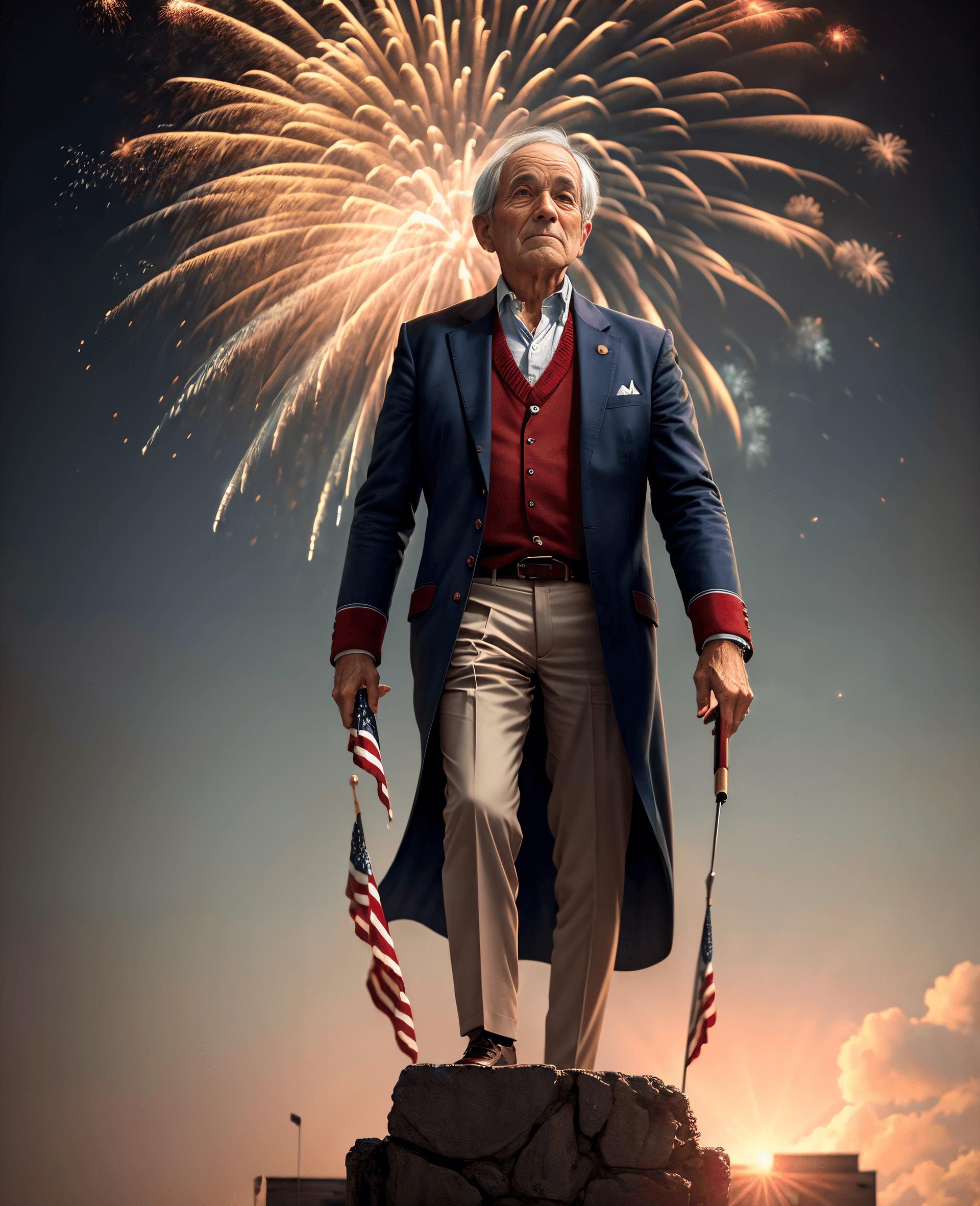 AI generated: Award winning Illustration, Doctor (Ron Paul:1.1) as a Founding Father, on July 4th, American flag f...