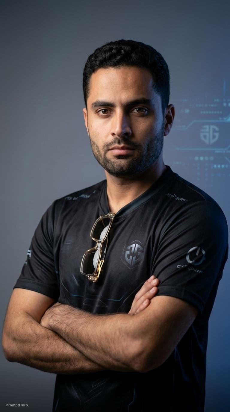 AI generated: fashion editorial photography, front shot, upper body, professional male esports player, shot with h...