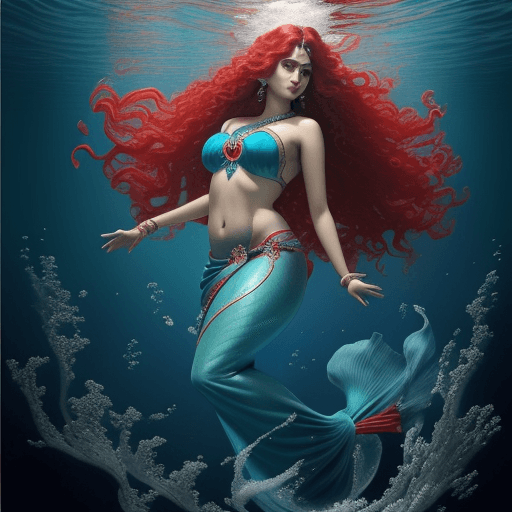 AI generated: deep sea, blue coral reefs and blue ocean and many fish, full view image of indian traditional merma...