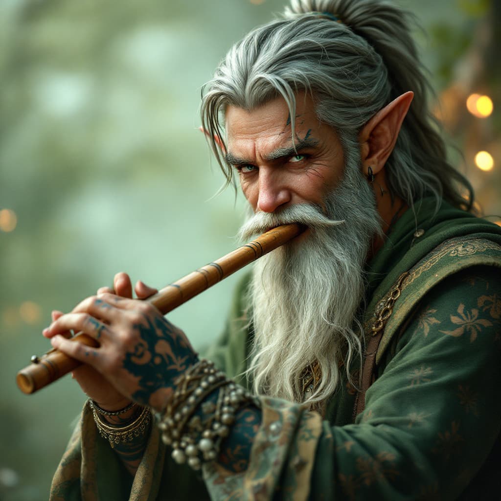 AI generated: happy male elven bard with tattoos playing a pan flute, resembles santa clause with green clothes, u...