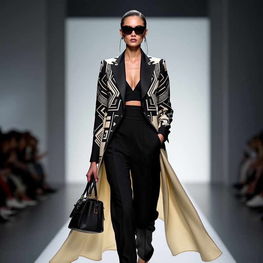 AI generated: A high-fashion model confidently walks down the runway, wearing an avant-garde designer outfit. The ...