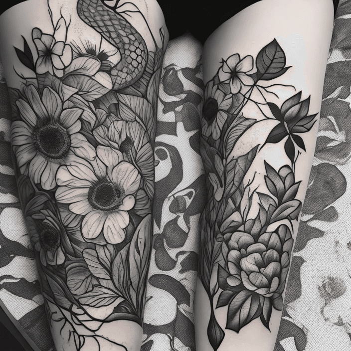 AI generated: Thigh tattoo, big snakes, flowers, black and white, leaves with black fill, smooth transitions, flor...