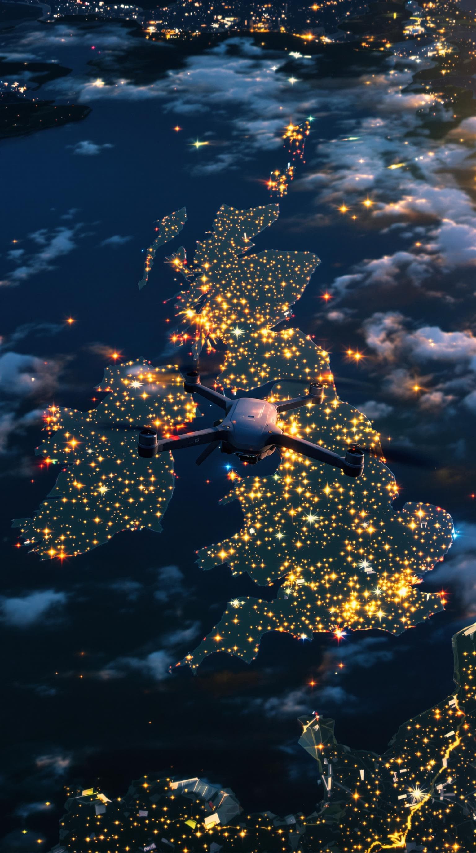 AI generated: Long-distance aerial photography of a reconnaissance drone flying over the UK, high quality, realist...