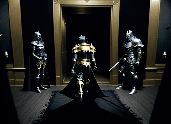 AI generated: spooky vibes anime black knight with gold sword at his side in a darck room. with monsters surroundi...