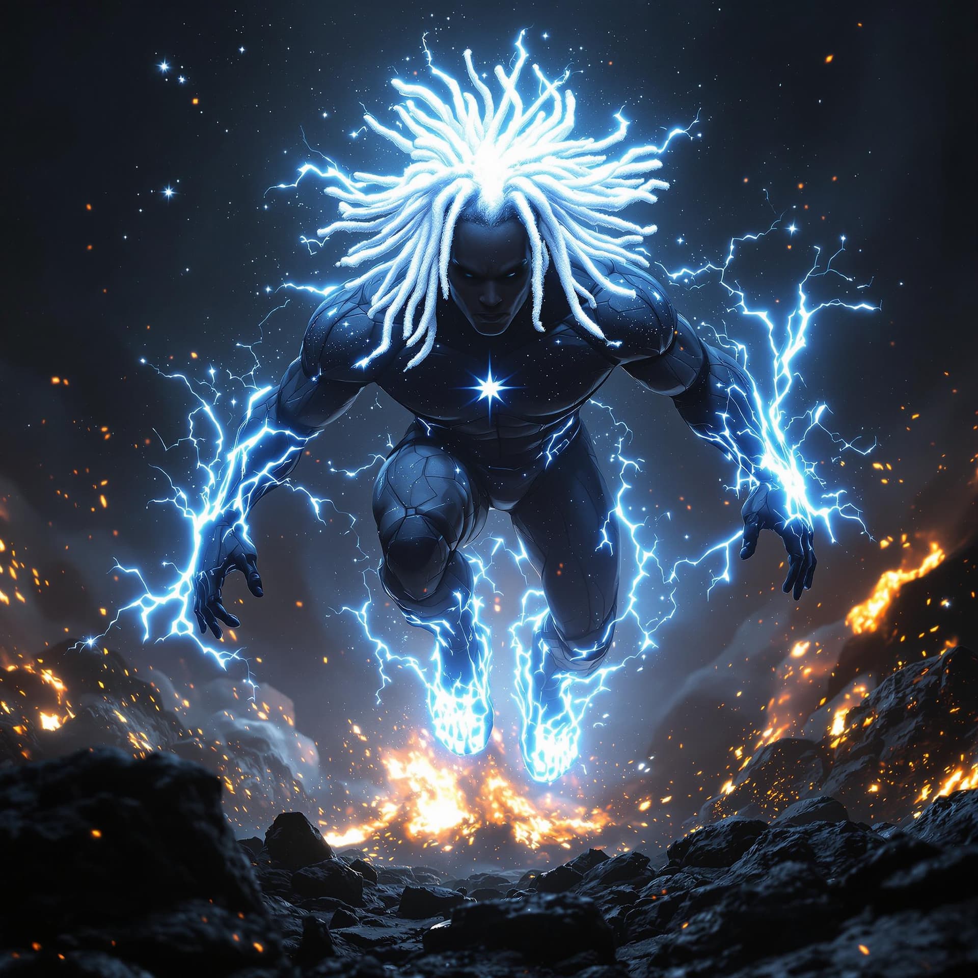 AI generated: front view of a PHOTOrealistic african american superHERO with white glowing short dreadlocks, his b...