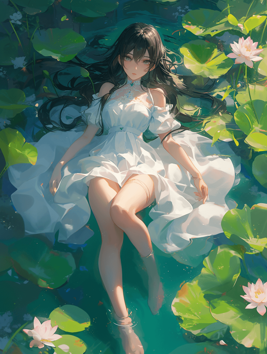 AI generated: anime girl with long black hair, wearing white dress, light eyes, beautiful legs, with lotus flowers...