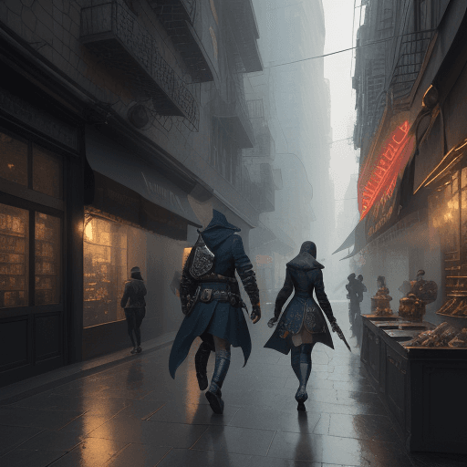 AI generated: D. Strange walk in a city of thieves with a (rogue thief) walking down the street, 8k, looking at th...