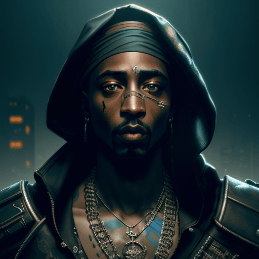 AI generated: American Rapper Tupac Shakur but its cyberpunk, hyperdetailed eyes, hyperrealism extremely detailed ...