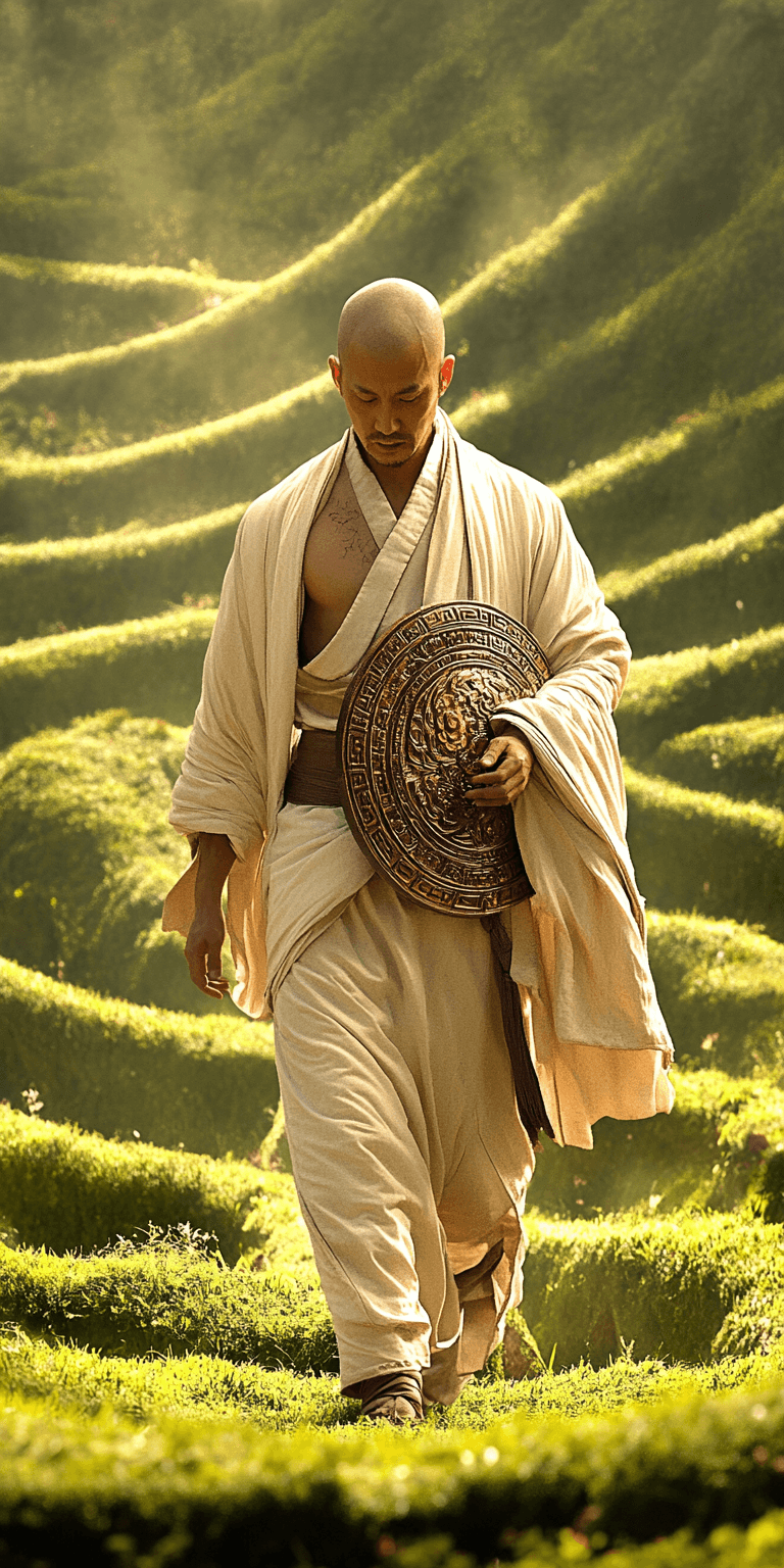 AI generated: A surreal digital artwork depicting an Asian man in a white hanfu walking through green hills with u...