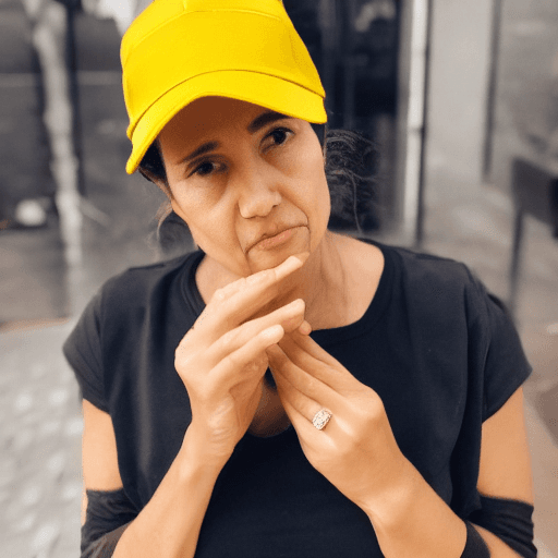 AI generated: A woman wearing a yellow baseball hat
Looking at her nose
