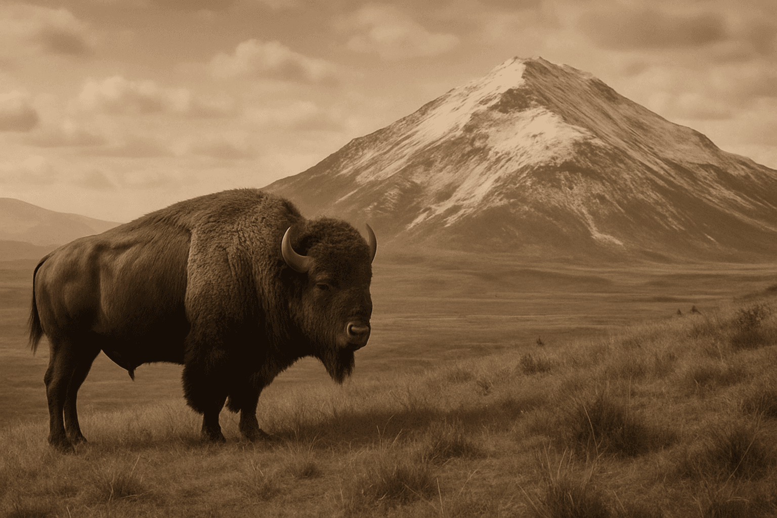 AI generated: a lone bison stands on a grassy hill in a vast landscape with a snow-dusted mountain in the backgrou...