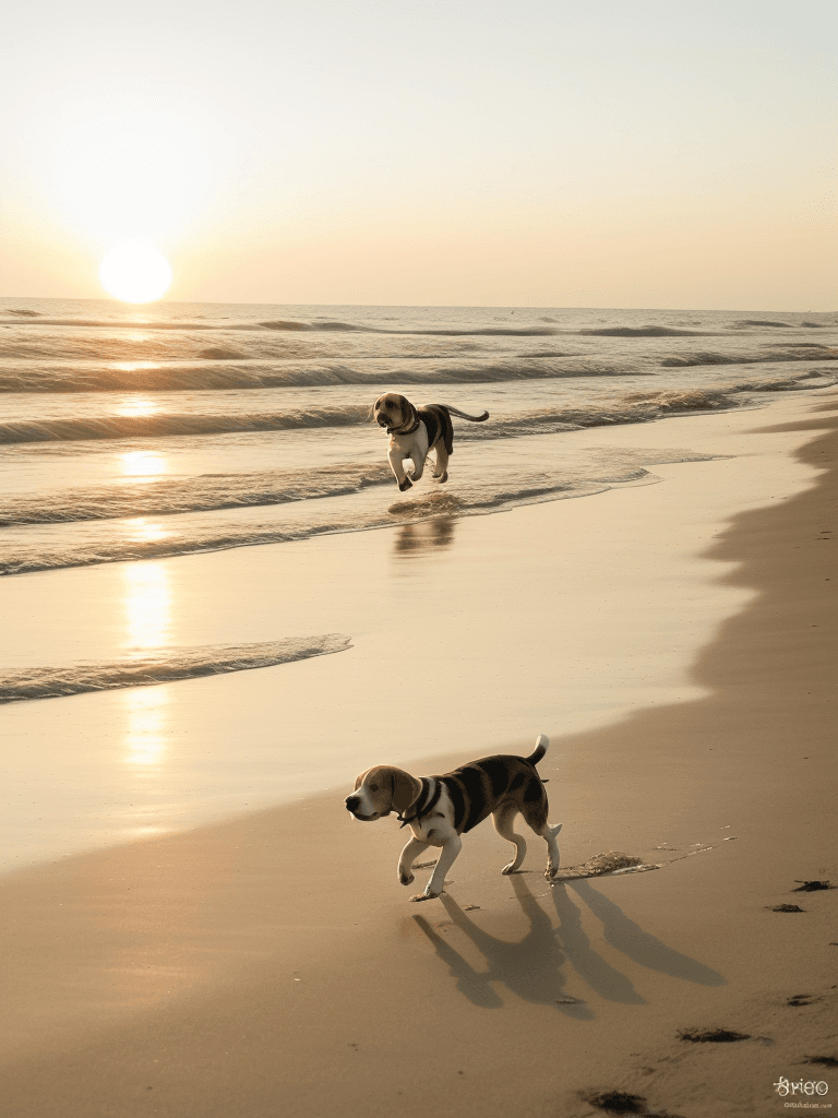 AI generated: Crea una imagen muy detallada de un beagle paseando por la playa al atardecer