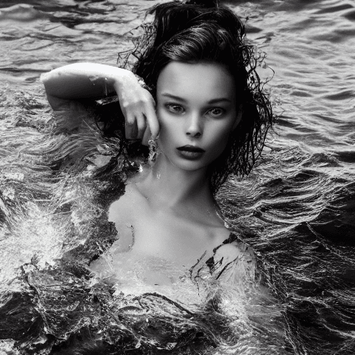 AI generated:  a black and white photo of a woman in the water, mert and marcus, drops, kristine froseth, carola r...