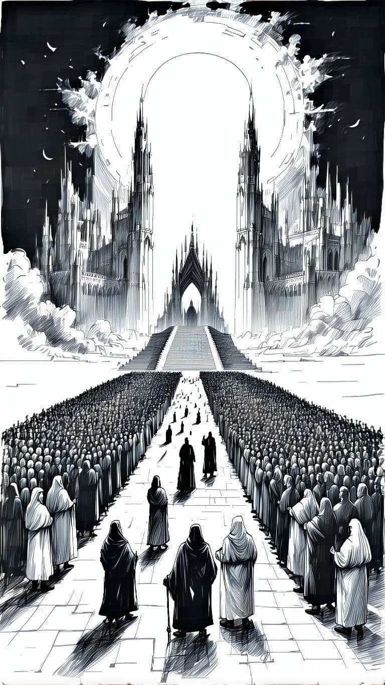 AI generated: Black and white ink sketch of millions of  people standing at the throne of God in Heaven --ar 65:12...