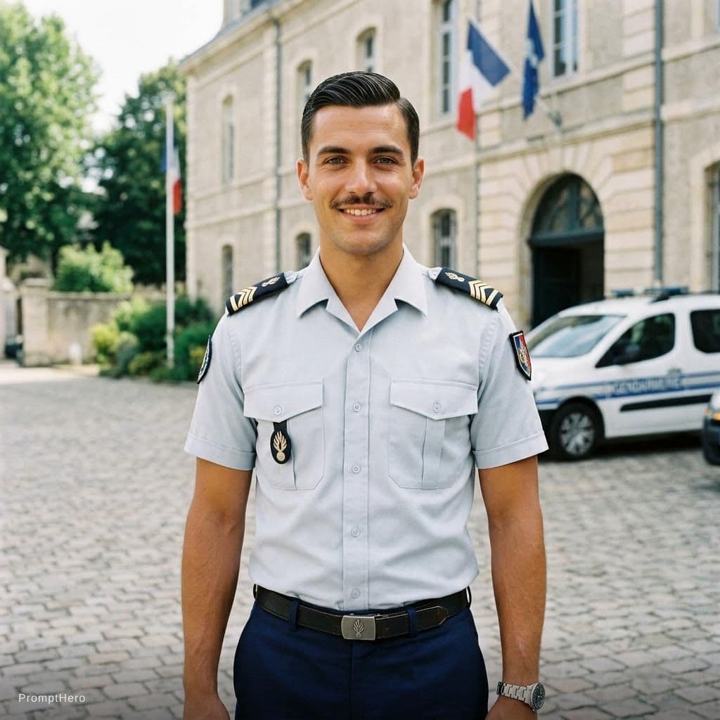 AI generated: Beautiful young man, wearing short sleeves Gendarmerie elegant shirt with shoulder ranks, he has thi...