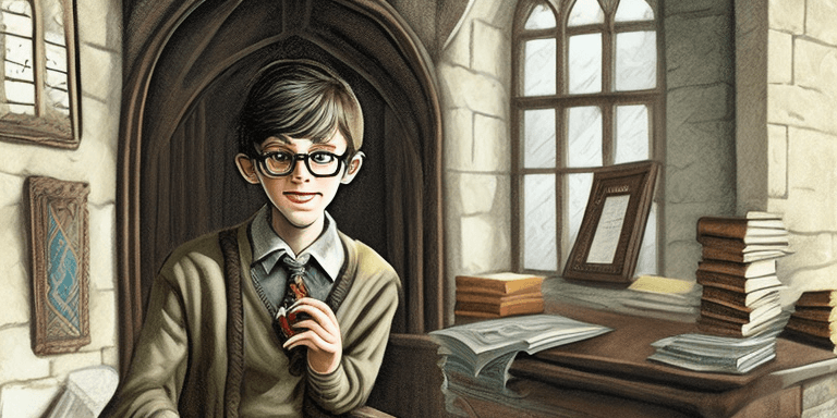 AI generated: 1969 portrait of a young spectacled wizard boy at his home in Hogwarts School of Witchcraft and Wiza...