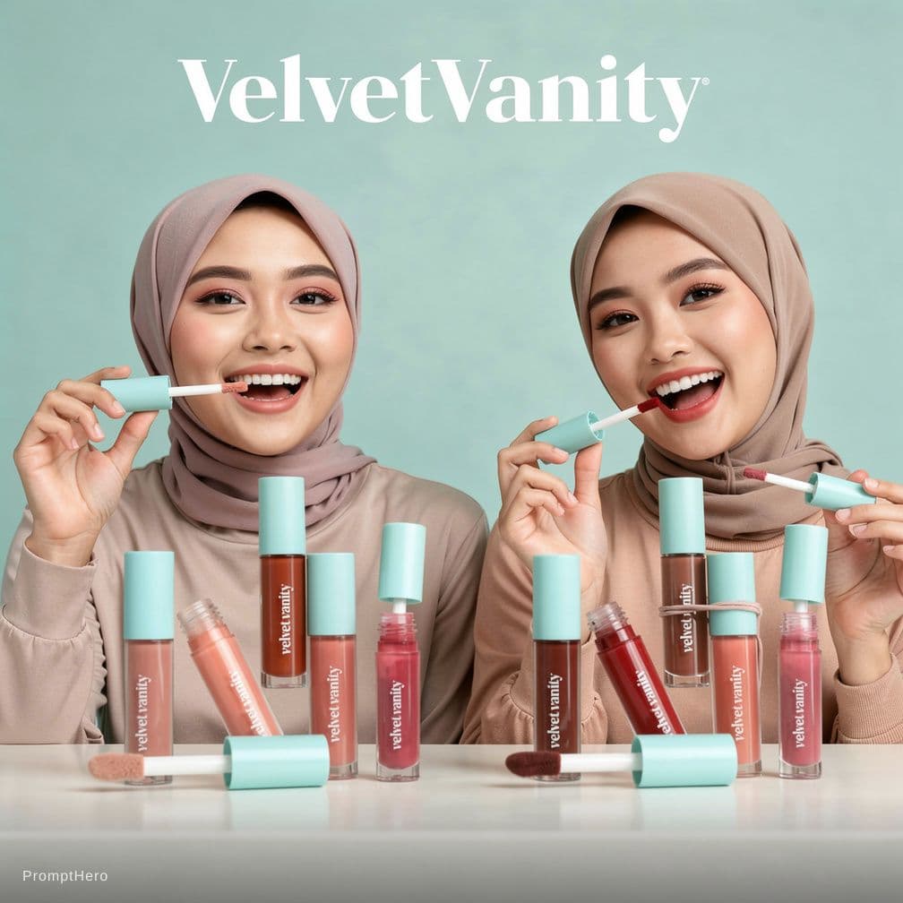 AI generated: make me a visual of 2 different modern hijabi models trying the VelvetVanity lip care products such ...