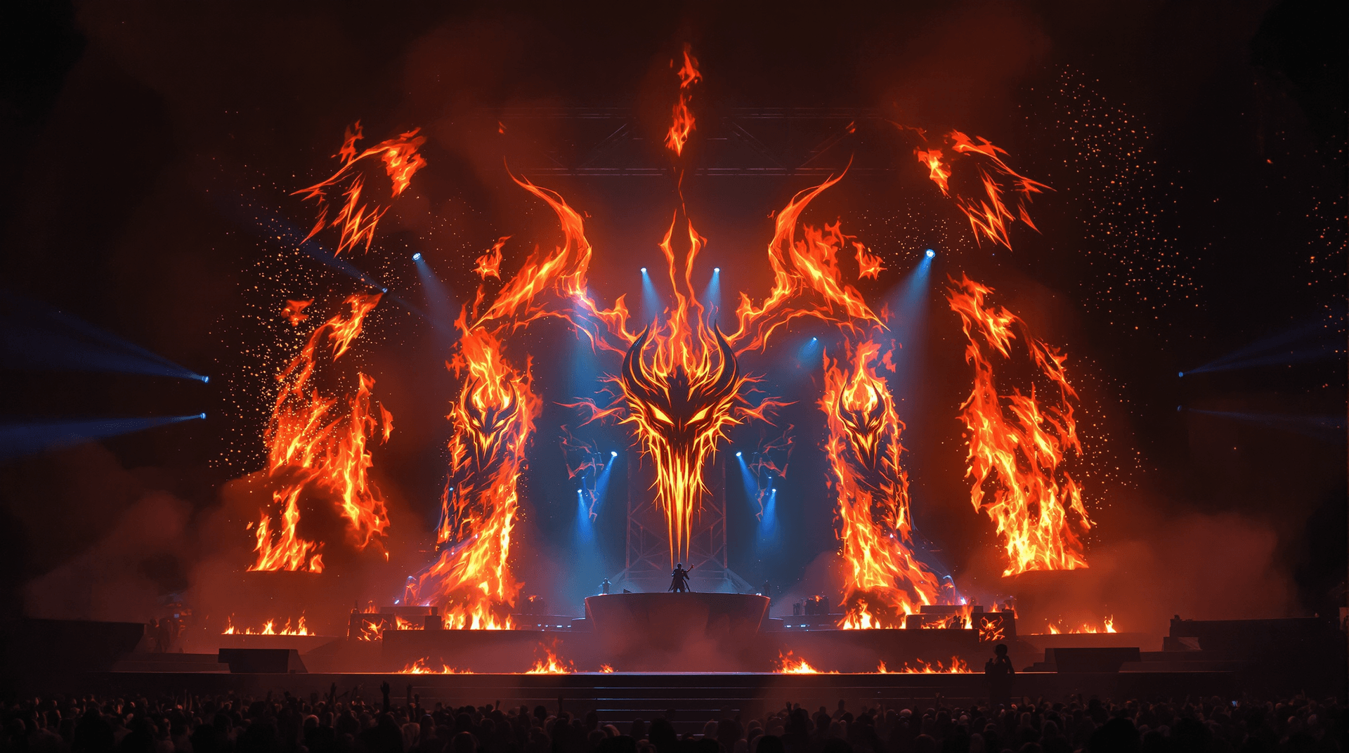 AI generated: A wide shot of the stage with mounting hellfire, demonic symbols appearing in the flames, dramatic l...