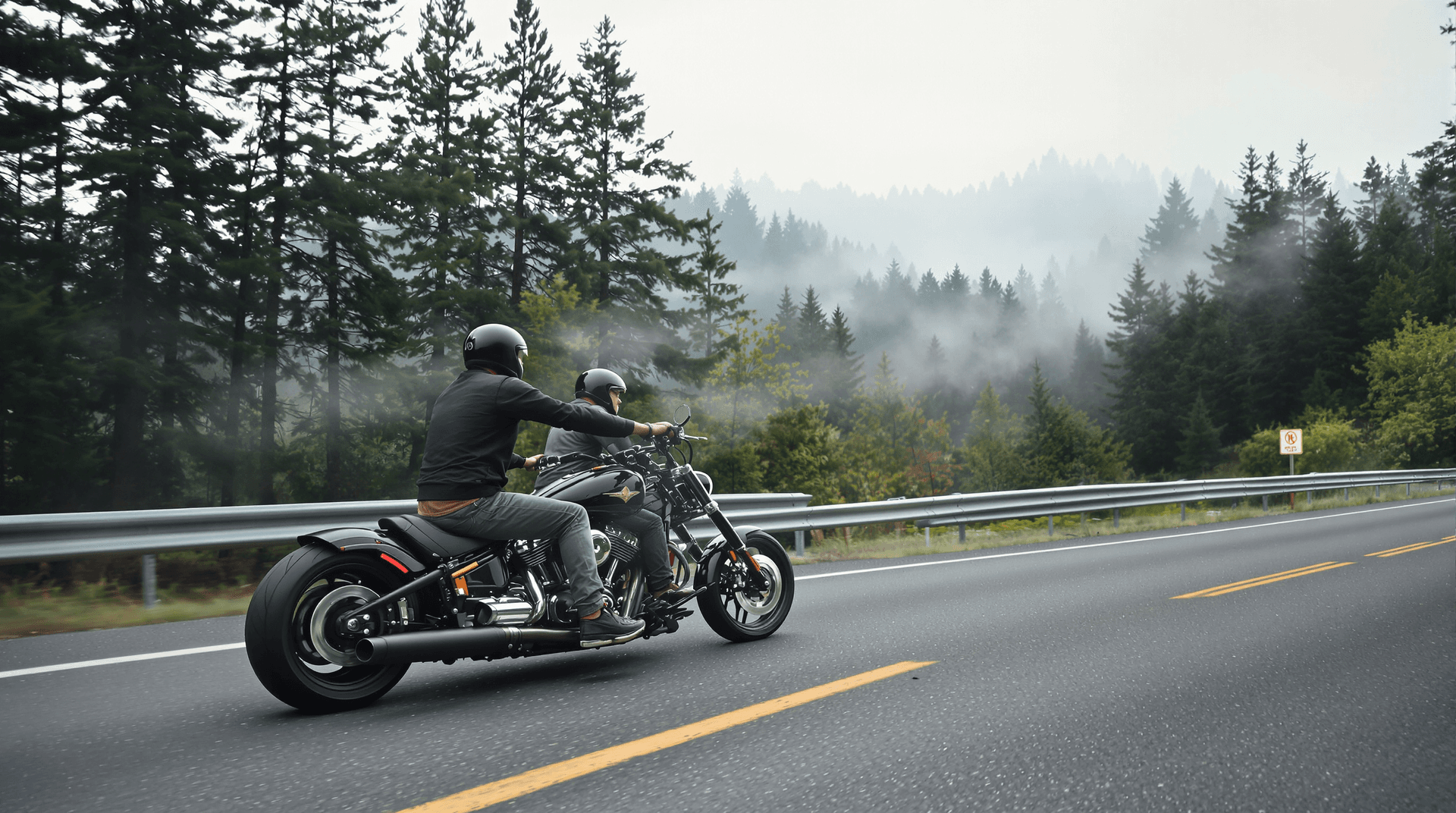 AI generated: Imagine Two bikers on black motorcycles (chopper styles) are driving side by side on the highway, th...