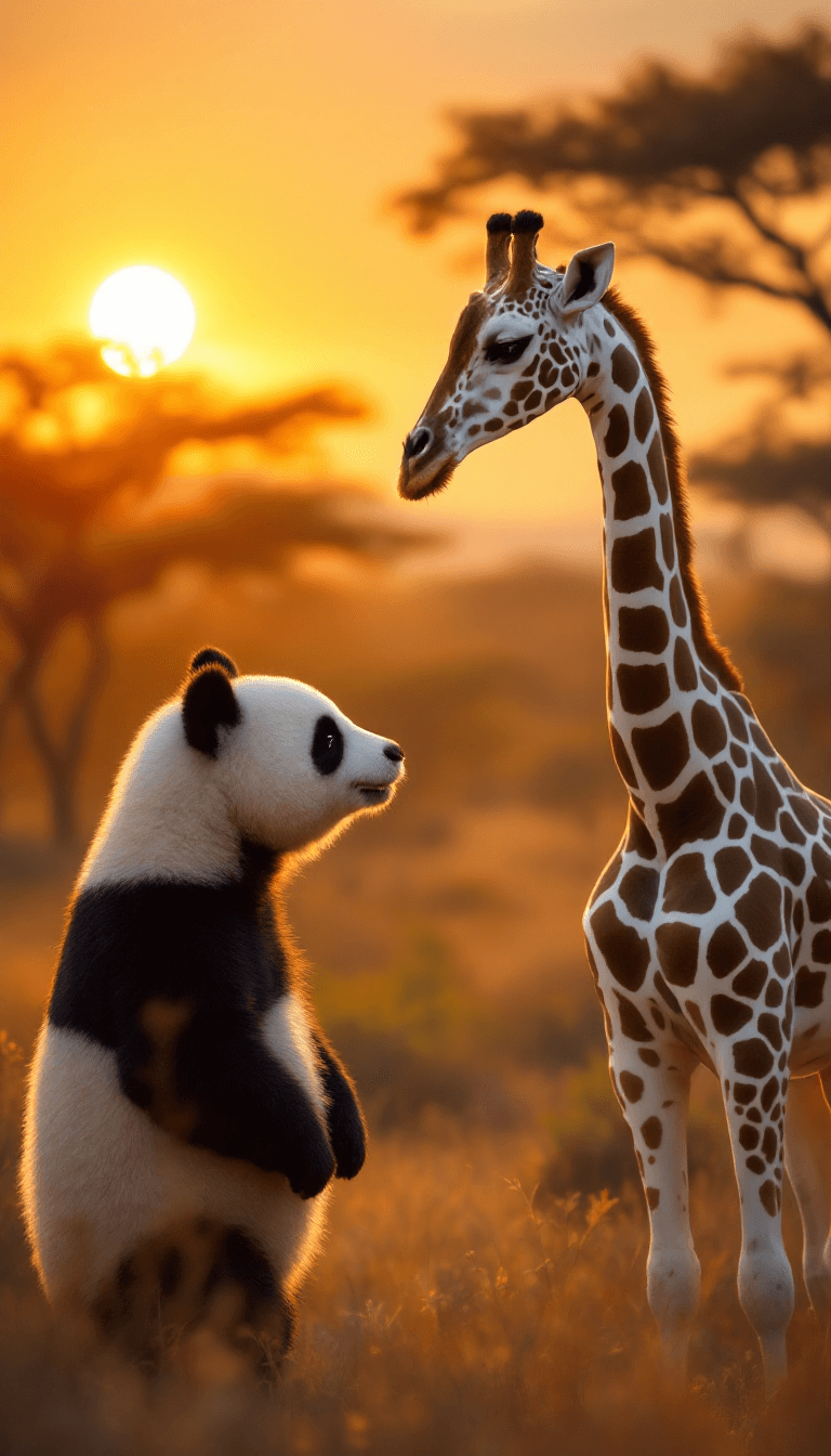 AI generated: Cinematic photography style, a giraffe and a panda standing face-to-face in the African savanna duri...