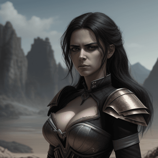 AI generated: Reyna from Valorant with a vengeful look in her eyes, focusing on her face with a landscape behind h...