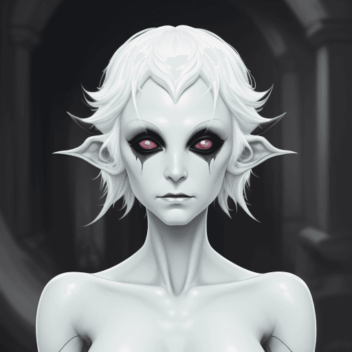 AI generated: DnD Changeling, androgyn looking, fey like appearence, pale figure, white empty eyes, white hair
